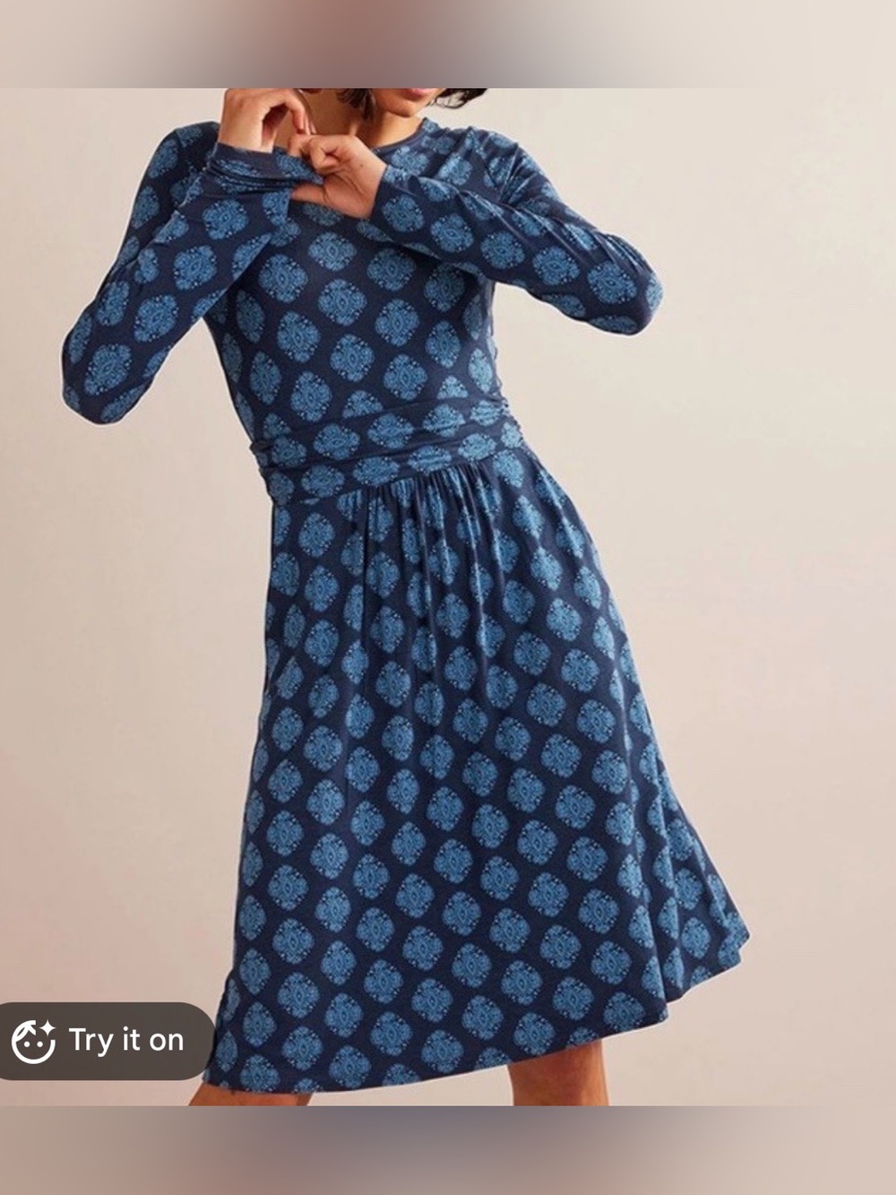 BODEN Abigail long sleeve navy sash waist midi jersey cotton autumn dress 12